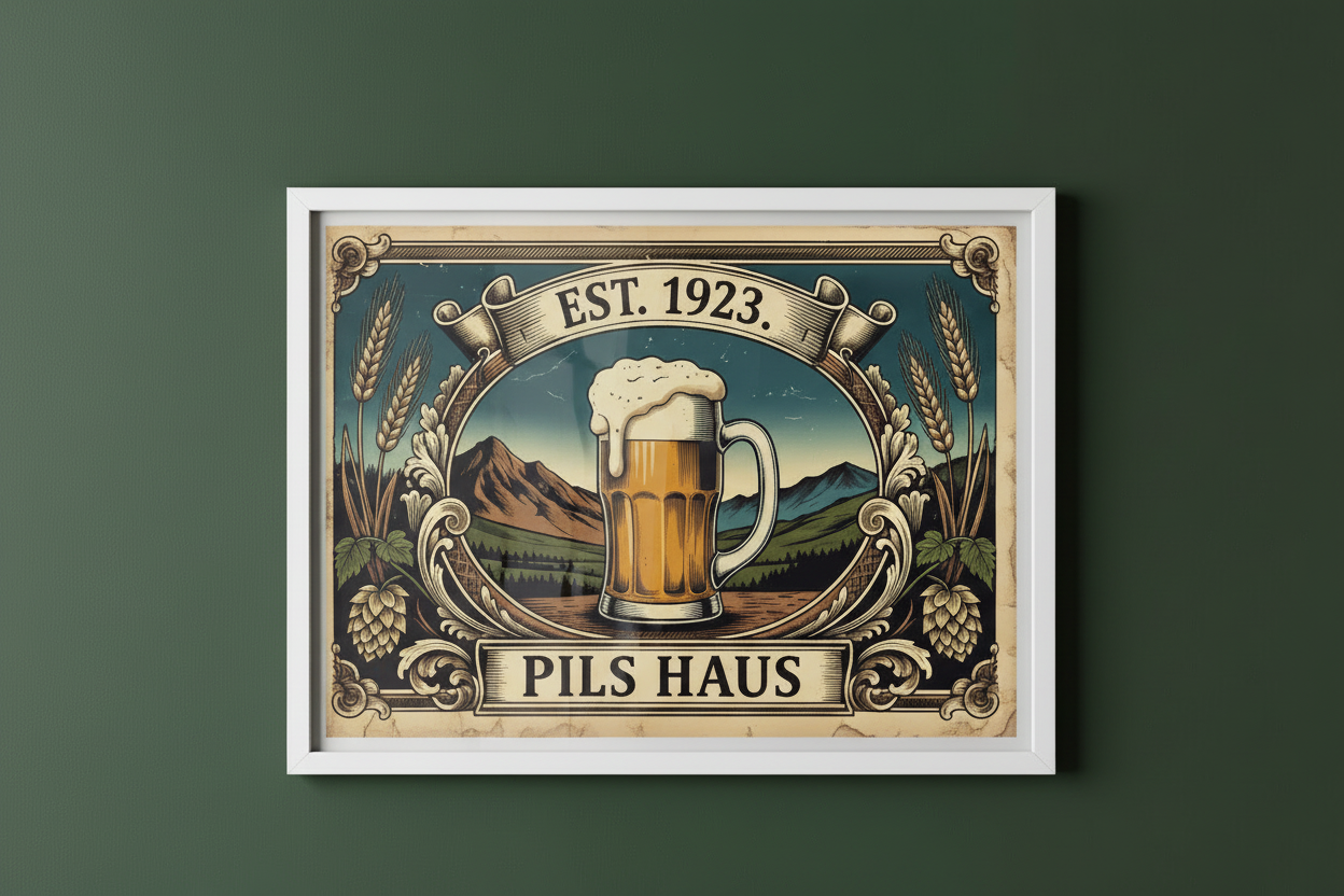 Horizontal poster with white frame on green wall
