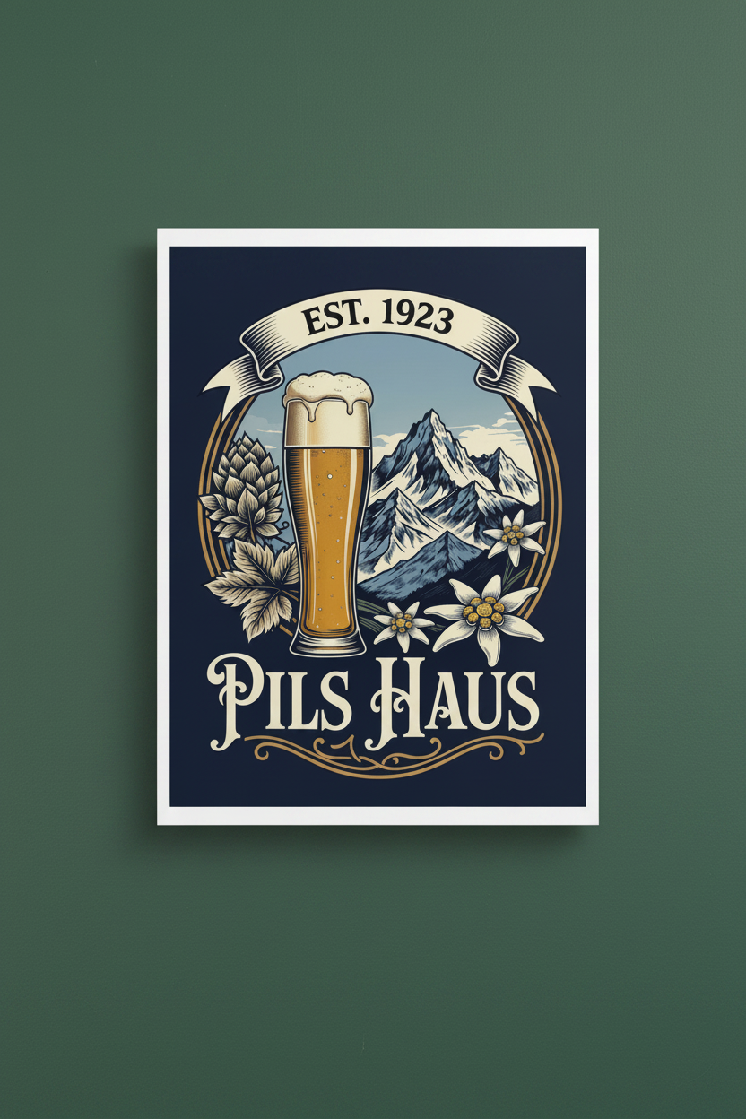 Pils Haus Alps poster on green wall zoomed